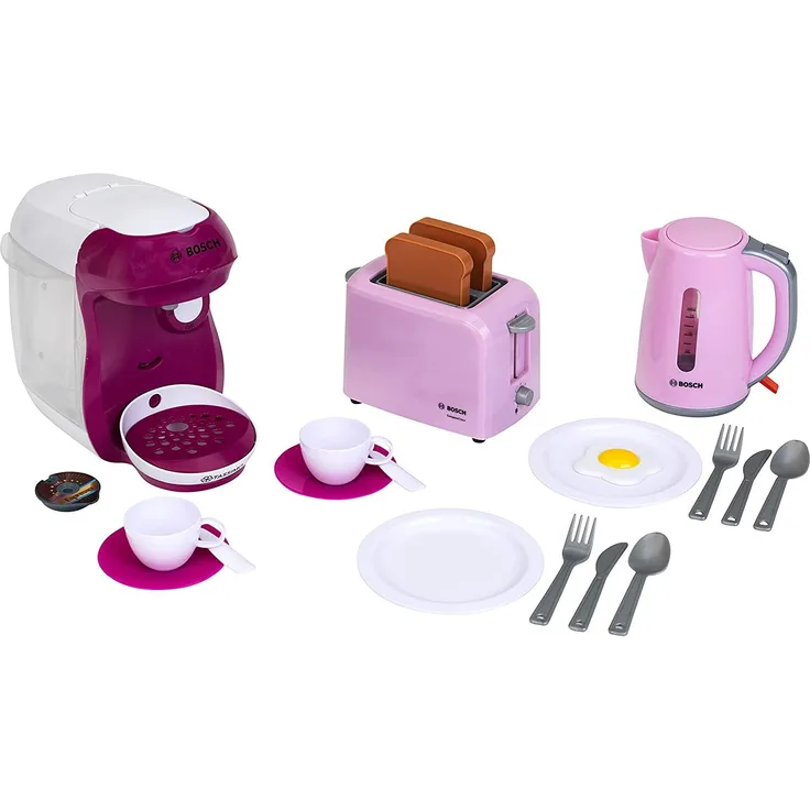 Theo Klein 9597 Bosch Frühstücksset I Küchen-Set inkl. Toaster, Kaffeemaschine und Wasserkocher I Mit Geschirr, Besteck und Zubehör I Spielzeug für Kinder ab 3 Jahren