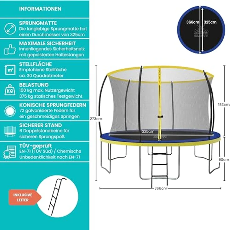 Ultima 4 Zero Gravity Trampolin Ø 366 cm, TÜV geprüftes Gartentrampolin inkl. Leiter und Sicherheitsnetz, Nutzer bis 150 kg – Bild 6