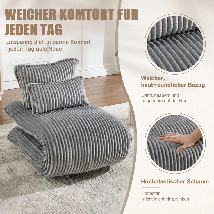 LVHOM Schlafsessel mit Bettfunktion, 227 cm Klappsessel Bodensessel mit Stahlrahmen, klappbarer Relaxsessel inkl. 2 Kissen, bis 150 kg belastbar, Cord Grau – Bild 4
