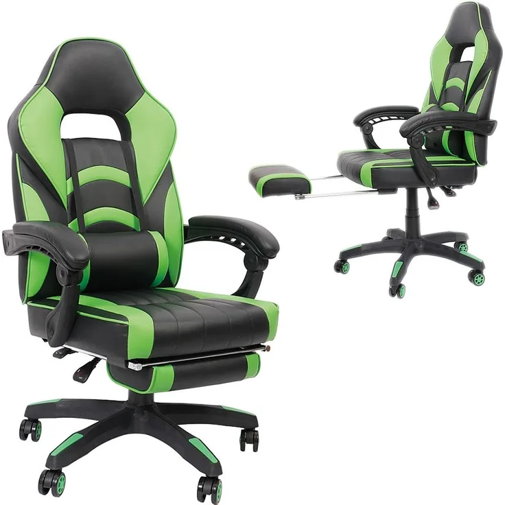 Gamingstuhl Grün/Schwarz Chefsessel Drehstuhl Bürositz Schreibtisch Fußstütze