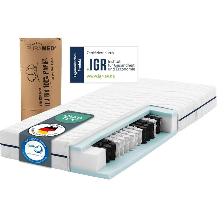 PURAMED Taschenfederkernmatratze 90x200 cm | Härtegrad H3 | Höhe 20 cm | ergonomische 7-Zonen Matratze | waschbarer Mikrofaser-Bezug | Oeko-TEX® & CertiPUR Zertifiziert | produziert in Deutschland