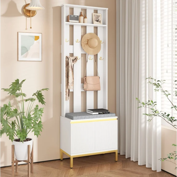 DESVIAE Garderobenschrank Weiß aus MDF/Spanplatte – 60x191,5x35,5 cm – LED-Beleuchtung, 8 Doppelhaken – Bild 5