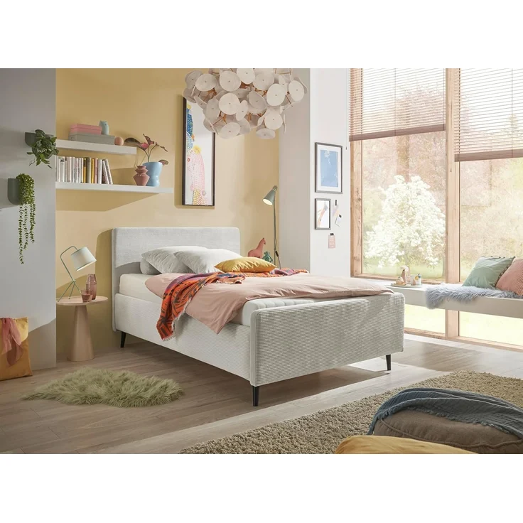 Stella Trading Peach Polsterbett Bettgestell 120x200, Ivory - Modernes Einzelbett in Cord-Optik mit Holzfüßen - 129 x 108 x 215 cm (B/H/T)