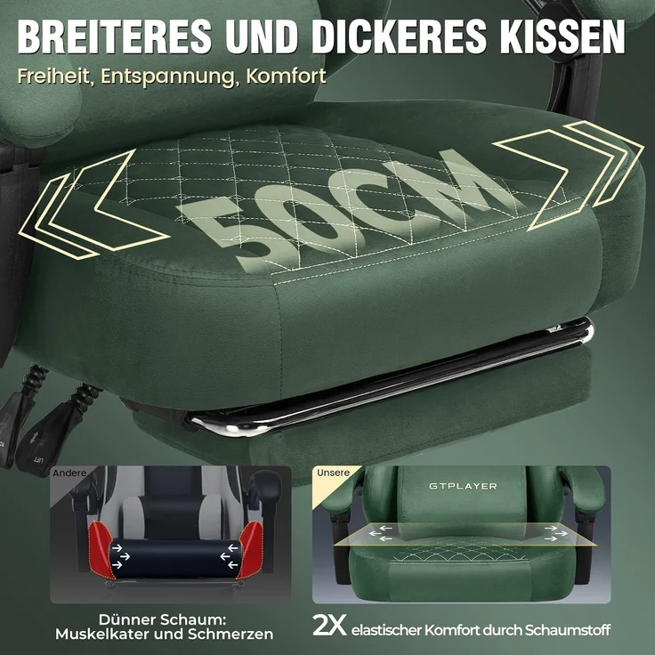 GTPLAYER Gaming Stuhl Stoff Gaming Chair Ergonomisch Bürostuh PC Stuhl, 150kg Belastbarkeit, Verstellbarer und Drehbarer Schreibtischstuh mit Federsitzkissen und Fußstütze, grün – Bild 6