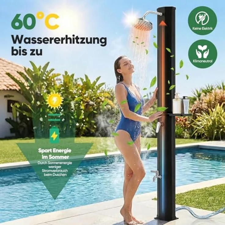 Sekey Solardusche 40L/ 60L Solar Gartendusche Pooldusche Campingdusche bis 60°C Wasser, 40L stromfreie Wassererwärmung, mit Direktanschluss für Gartenschlauch – Bild 3