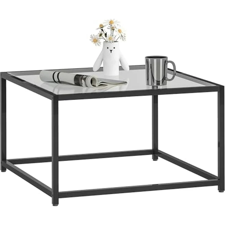 HOMCOM Beistelltisch Quadratisch Nachttisch mit Hartglas-Tischplatte, Couchtisch mit Beinen aus Stahl, Wohnzimmertisch Sofatisch Kaffeetisch für Wohnzimmer Schlafzimmer 68 x 68 x 39 cm Schwarz – Bild 1