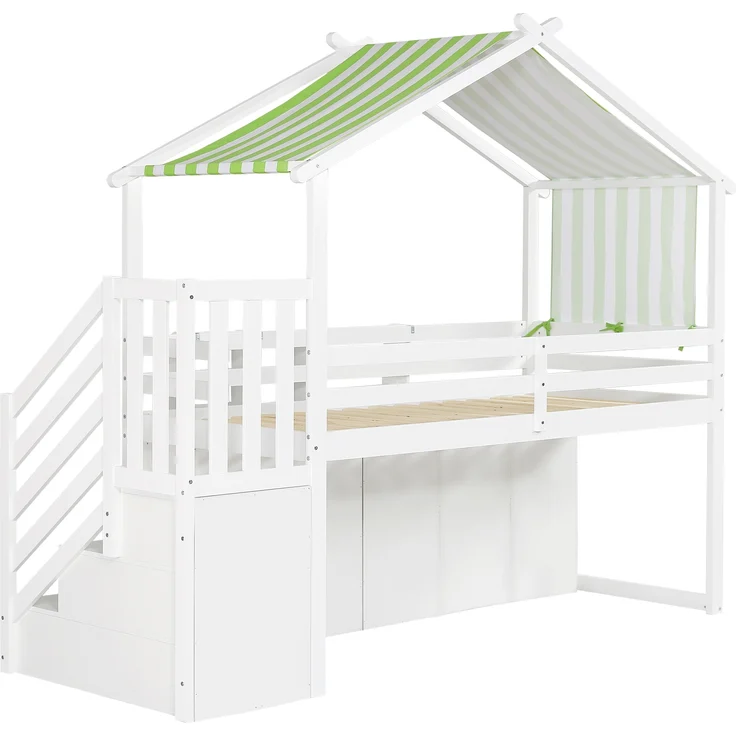 Bett 90x200 cm Etagenbett mit Stauraum und Fallschutzgitter – Weiß/Grün, mit Kleiderschrank – Bild 5