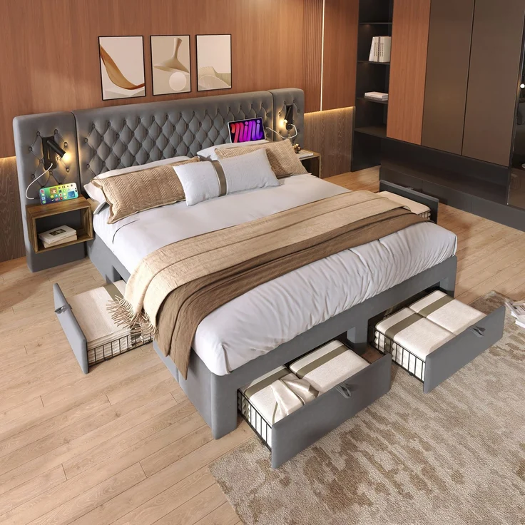 Bettanlage Schlafzimmer Komplett Set, Polsterbett Doppelbett 180×200 cm mit 2 Nachttischen und 4 Schubladen, Kopfteil Leselicht mit USB Ladefunkt – Bild 6