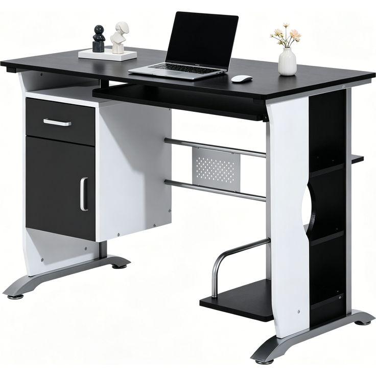 Computerschreibtisch mit Stauraum und Ausziehablage, 100x52x75 cm, Schwarz/Weiß/Silber – Bild 5