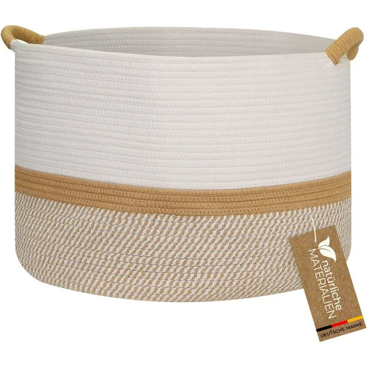 HMF Aufbewahrungskorb Aufbewahrungskorb mit verstärkten Griffen, großer Korb aus Baumwolle, 50 x 33 cm, Weiß-Braun