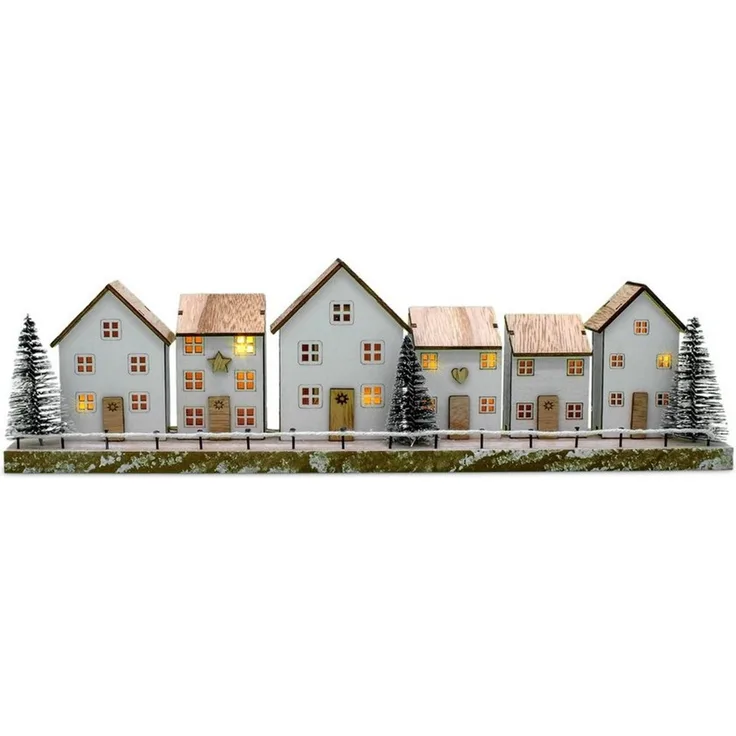 Spetebo Weihnachtsdorf LED aus Holz in weiß - 40x11 cm - Deko Winterlandschaft warm weiß, Batterie betrieben