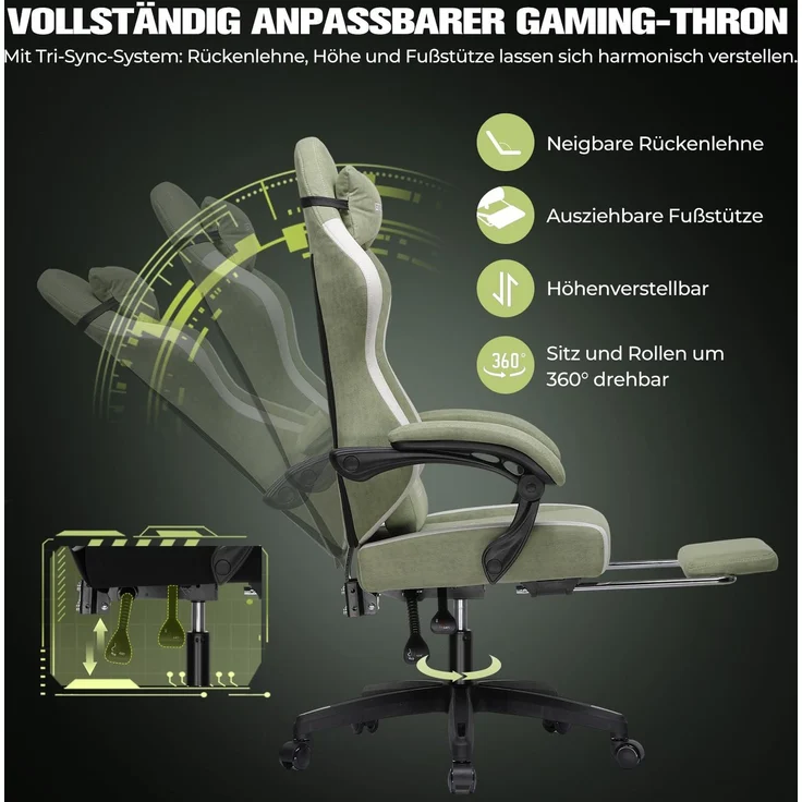GTPLAYER Gaming Stuhl Ergonomischer, PC Stuhl Atmungsaktiver Stoff, Groß und Hoch Drehbarer Schreibtischstuhl mit Fußstütze,Verstellbare Lendenwirbelstütze und Kopfstütze,Grün – Bild 4