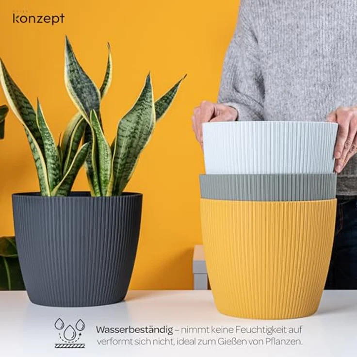 KONZEPT Blumentopf groß, gerillte Struktur 26/30cm, Übertöpfe für Zimmerpflanzen, aus Kunststoff ideal für Wohnzimmer, Küche und Balkon – Bild 8