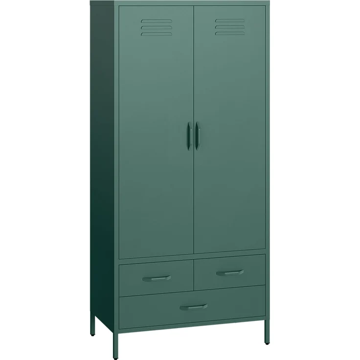 skølm 'Atria' Kleiderschrank mit 3 Schubladen, Metall, 170x45x80 cm, dunkelgrün, Garderobe mit 4 Fächern und 2 Kleiderstangen – Bild 2