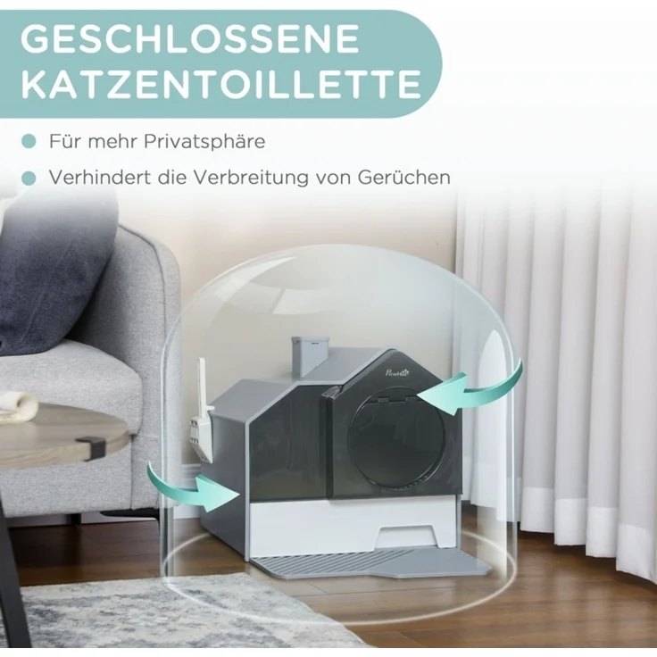 Katzentoilette 47x45x42 cm im Hütten-Design mit Siebvorleger und herausnehmbarer Bodenwanne, Grau – Bild 6