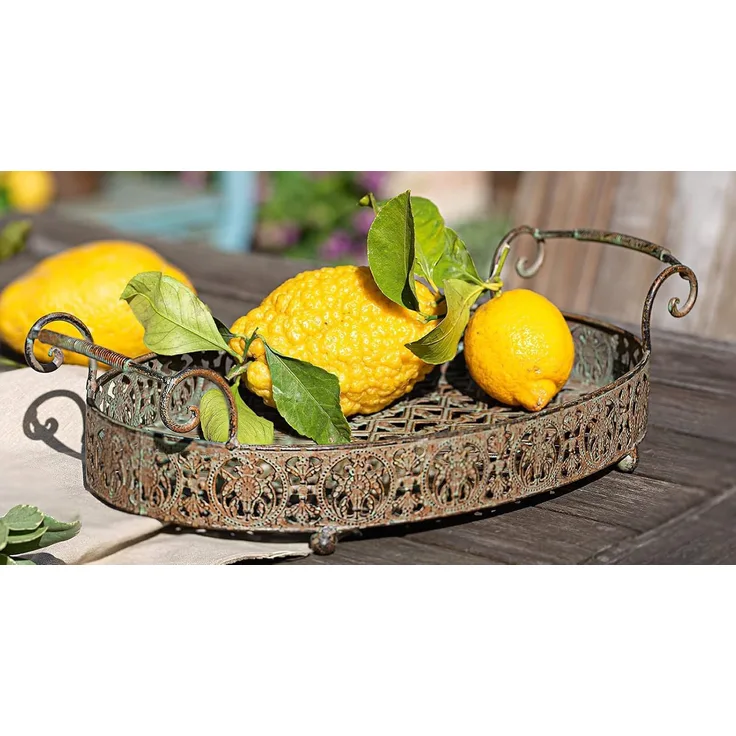 Tablett "Antik" aus Metall, oval, 43x26 cm, Vintage Dekotablett in Rost Optik, Tragetablett, Tischdeko