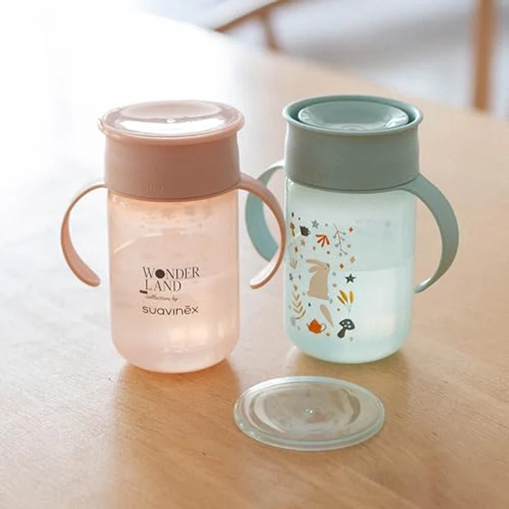 Suavinex, Magic Cup mit auslaufsicherer Scheibe und hygienischem Deckel, 360°, abnehmbare Griffe, spülmaschinenfest, 340 ml, Wonderland Rosa – Bild 5