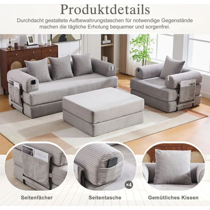 ZUBALIYA Ecksofa 94x67 cm, mit Ablageflächen, mit Cordbezug, mit breiten Armlehnen, modular aufgebaut, mit Schaumstoffpolsterung – Bild 4