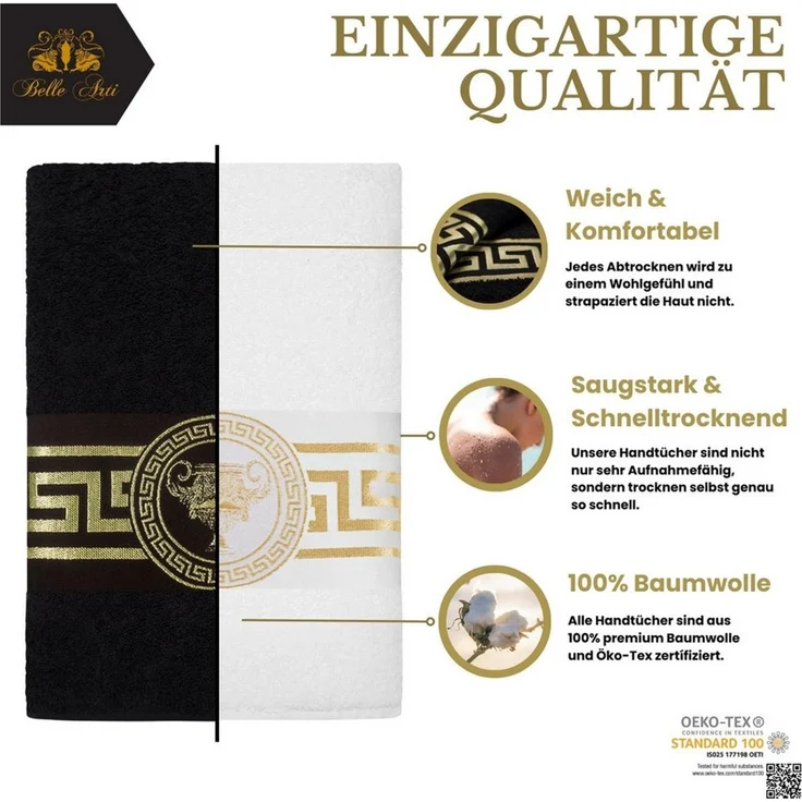 Belle Arti Handtücher Gästehandtücher Badetücher Duschtücher Saunatücher Mäander Amphore Set, (1-St), schwarz weiss, gold hochwertig eingestickt Baumwolle weich saugstark – Bild 4