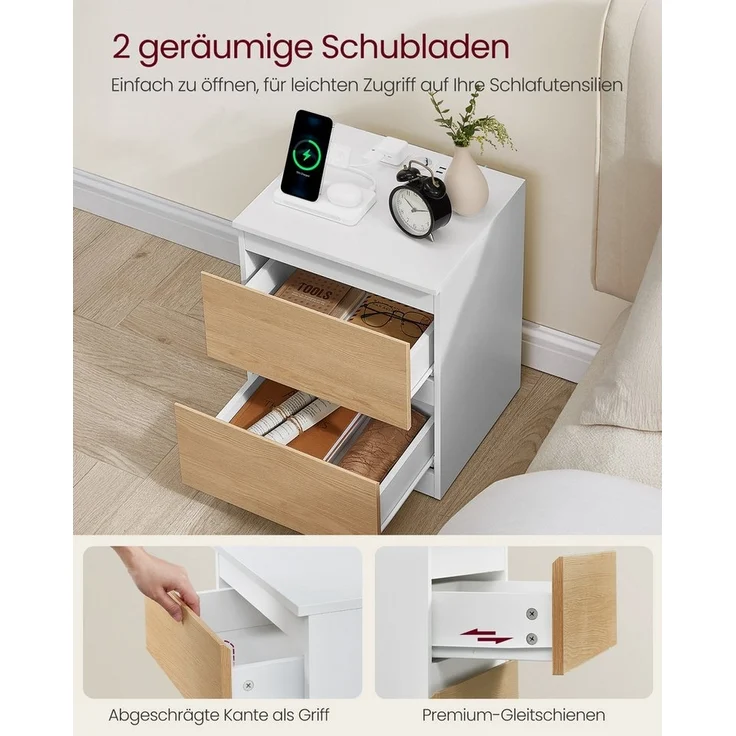 VASAGLE Nachttisch (2-St), Nachttisch mit Steckdosenleiste, Beistelltisch, 2 Schubladen, modern – Bild 3