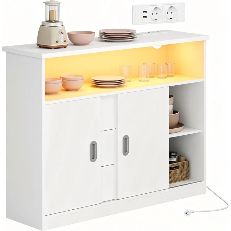 Halupeit Weißes Sideboard für Küche/Wohnzimmer mit Schiebetüren, drei Schubladen, verstellbaren Einlegeböden, Steckdosenleiste und LED-Ambientebeleuchtung, 33,5 x 100,5 x 80,5 cm – Bild 2
