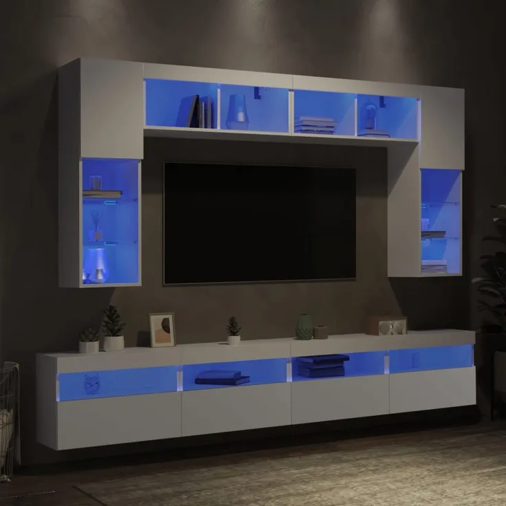 vidaXL 8-tlg. TV-Wohnwand mit LED-Leuchten Weiß 3216764