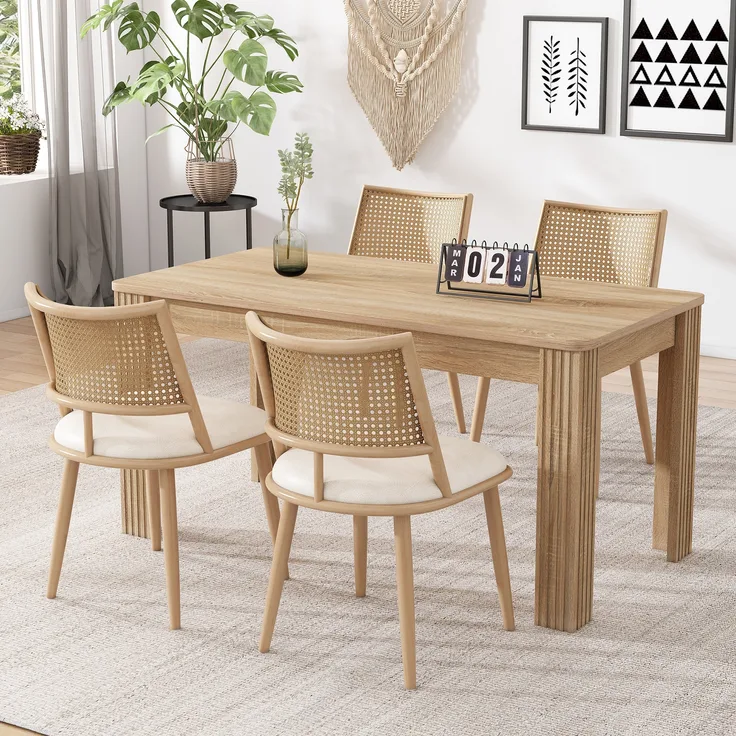 Stuhl Rattan mit PU-Sitz, Beige, 48*50*80 cm, belastbar bis 120 kg,4er-Set