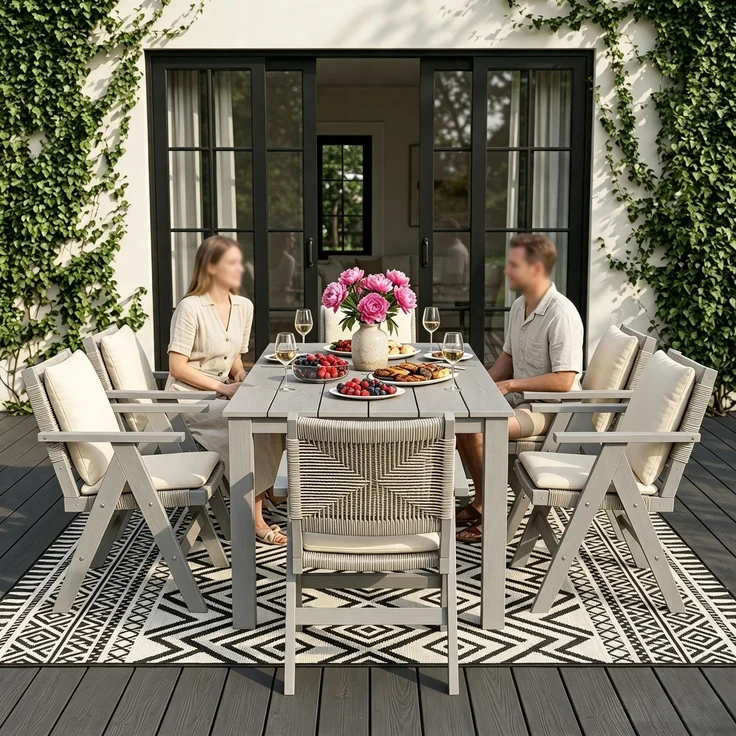 MARIELYST 5-teilige Garten Essgruppe, Gartentisch mit HIPS-Rahmen + 4 Armlehnenstühle mit geflochtenem Rattanbezug, Outdoor Esstisch Set für Terrasse, Balkon & Garten (Light Grey+Light Grey)