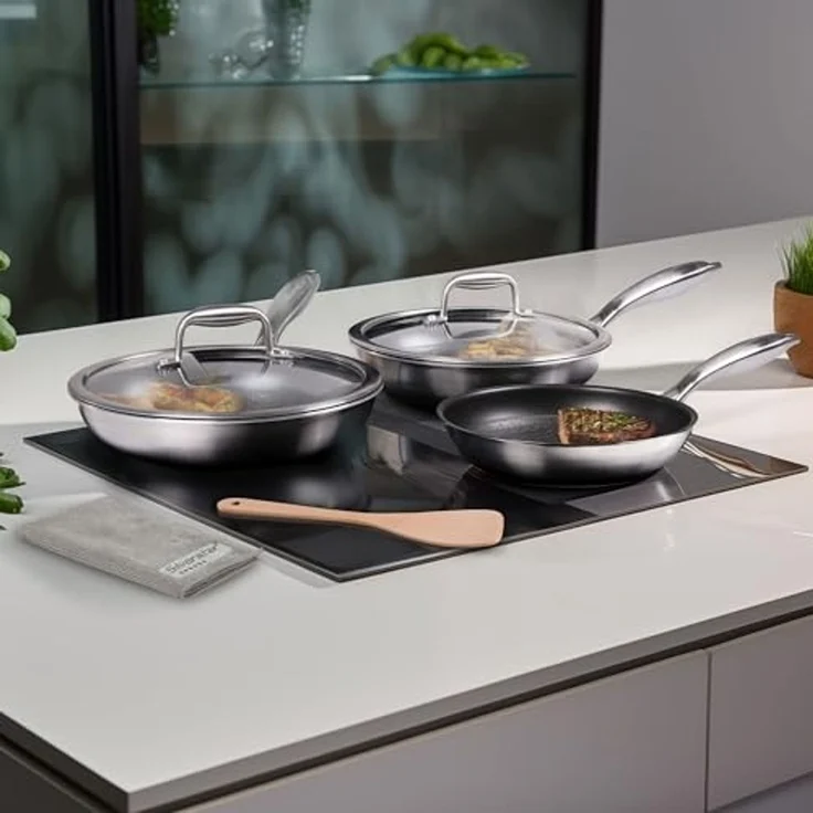 STONELINE Pfannen-Set Silverstar® 6-tlg. Edelstahl 20/24/28 cm mit Deckeln, Aluminium, Edelstahl (5-tlg), Edelstahl, für scharfes Anbraten – Bild 3