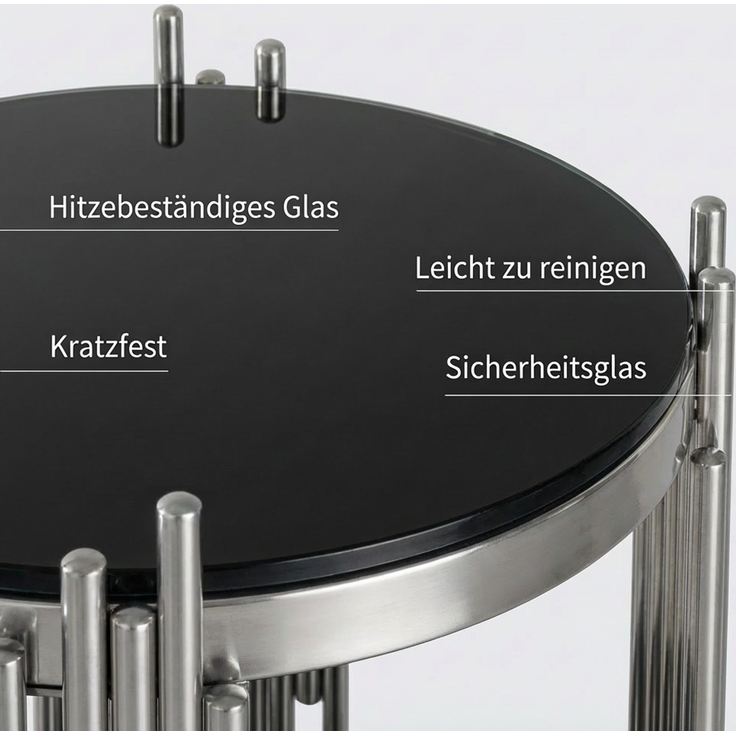 Beistelltisch rund H 55 x T 45 x B 45 cm mit 2 Ebenen, schwarzes gehärtetes Glas und Edelstahlgestell in Silber – Bild 9