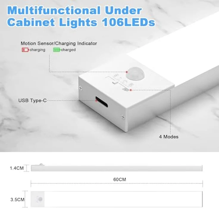 OUILA Unterbauleuchte Küche LED 2 Stück 60CM Schrankbeleuchtung Batterie 5000mAh USB Wiederaufladbar Magnetische Lampe Kabellos Schranklicht mit Bewegungsmelder für Schlafzimmer, Werkstatt (Warmweiß) – Bild 6