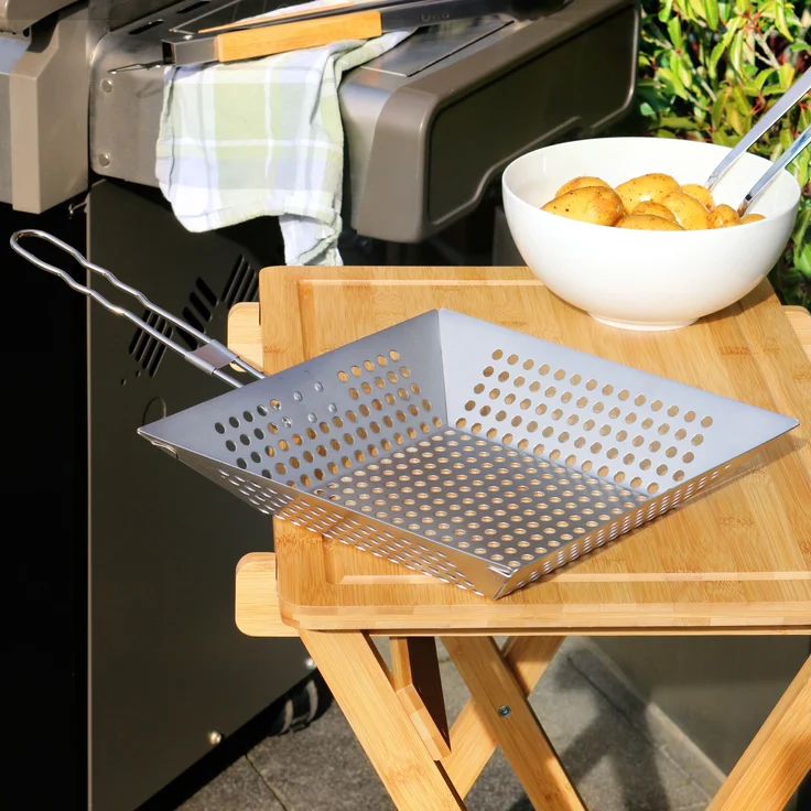Grillpfanne quadratisch / mit Klapp-Griff / Edelstahl ca. 30,5 x 6 x 51,5 cm / Grillkorb Grillplatte – Bild 2