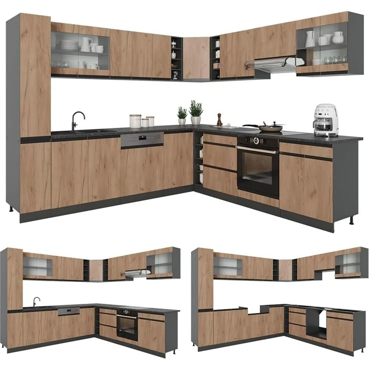 Eckküche R-Line Goldkraft Eiche/Anthrazit 277 x 257 cm J-Shape, ohne Arbeitsplatte Vicco – Bild 6