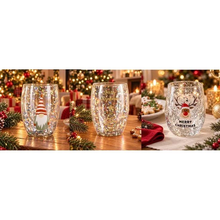 HI Trinkglas Weihnachtsdesign Glas Tassen doppelwandig 350ml Wichtel