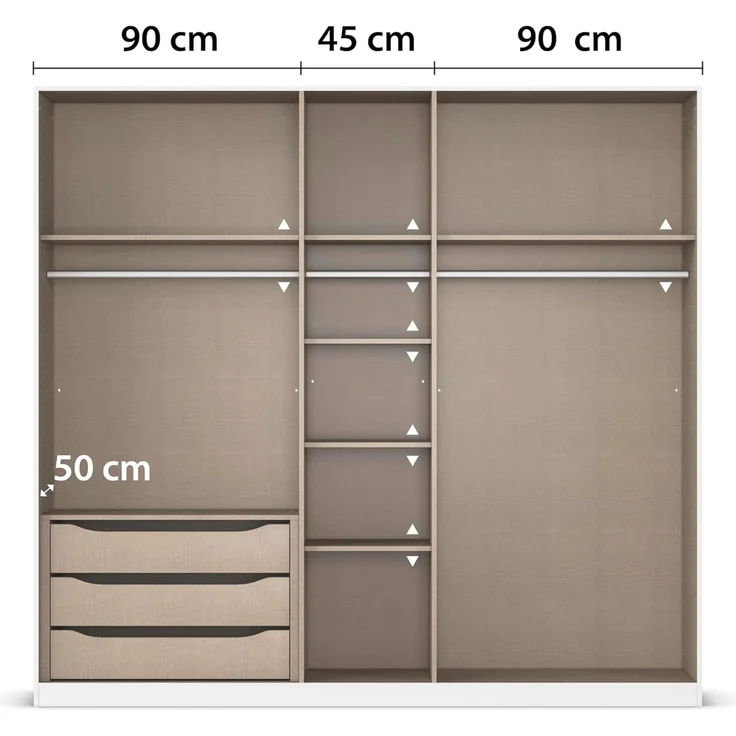 Rauch Möbel Alabama, Kleiderschrank, Garderobe, 5-türig, Zubehör Premium, 3 Kleiderstangen, 6 Einlegeböden, Schubladeneinsatz, Farbe Grau metallic, Schwarz, Griff Grau metallic, 226 x 210 x 54 cm – Bild 8