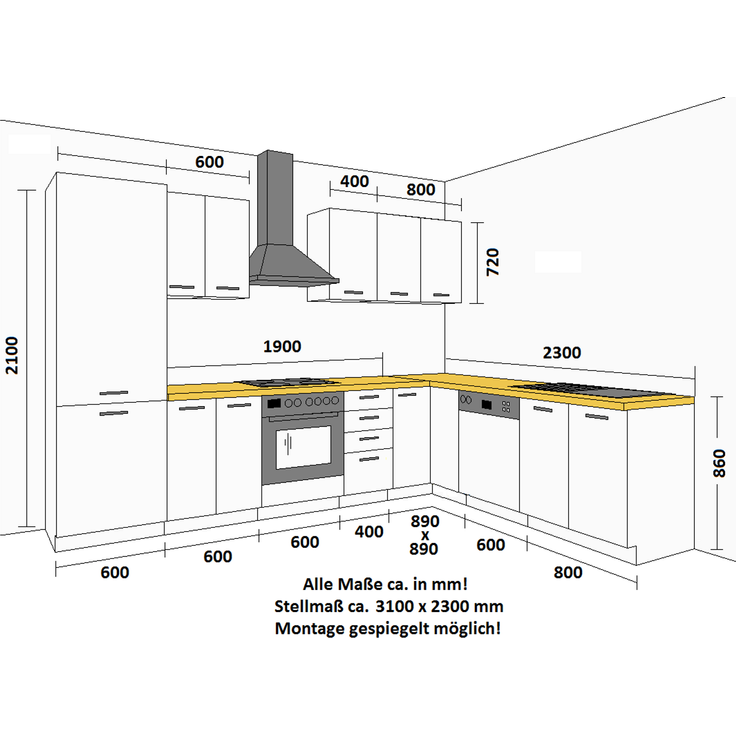 Eckküche Eko White 310x230 cm in weiß Küchenzeile Küchenblock Einbauküche – Bild 2