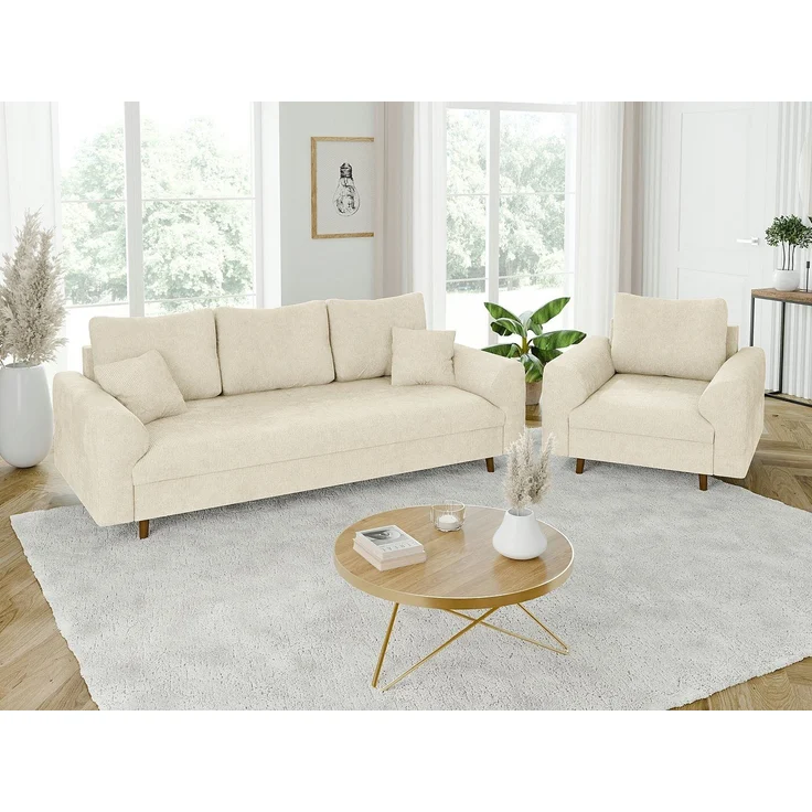 S-Style Möbel Polstergarnitur 3+1 Kristian mit Holzfüßen im skandinavischen Stil aus Chenille-Stoff, (1x 3-Sitzer-Sofa, 1x Sessel), mit Wellenfederung – Bild 1