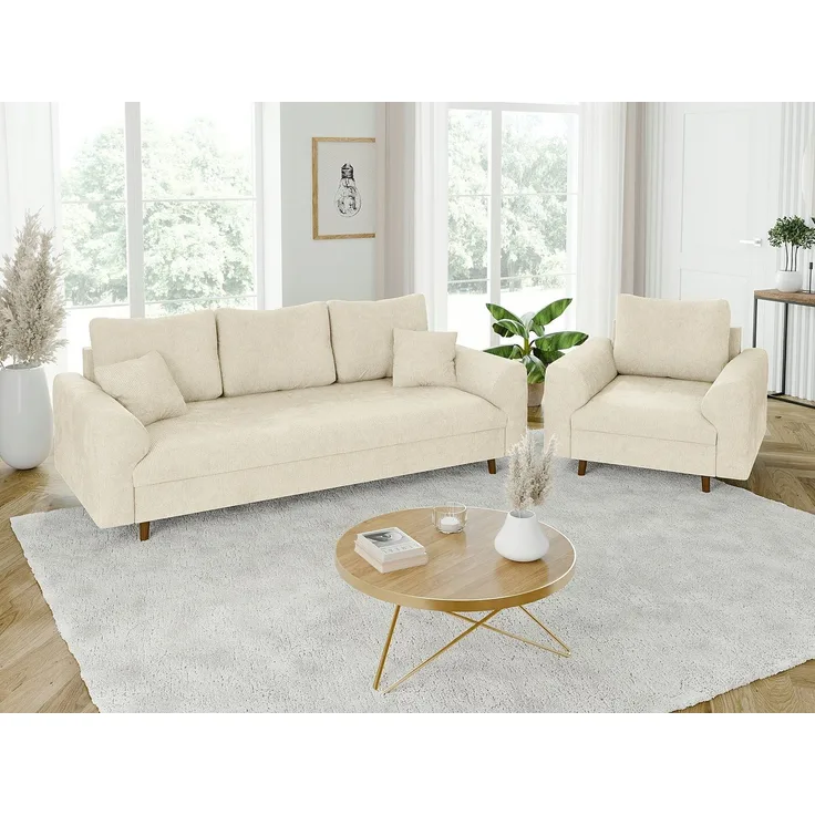 S-Style Möbel Polstergarnitur 3+1 Kristian mit Holzfüßen im skandinavischen Stil aus Chenille-Stoff, (1x 3-Sitzer-Sofa, 1x Sessel), mit Wellenfederung