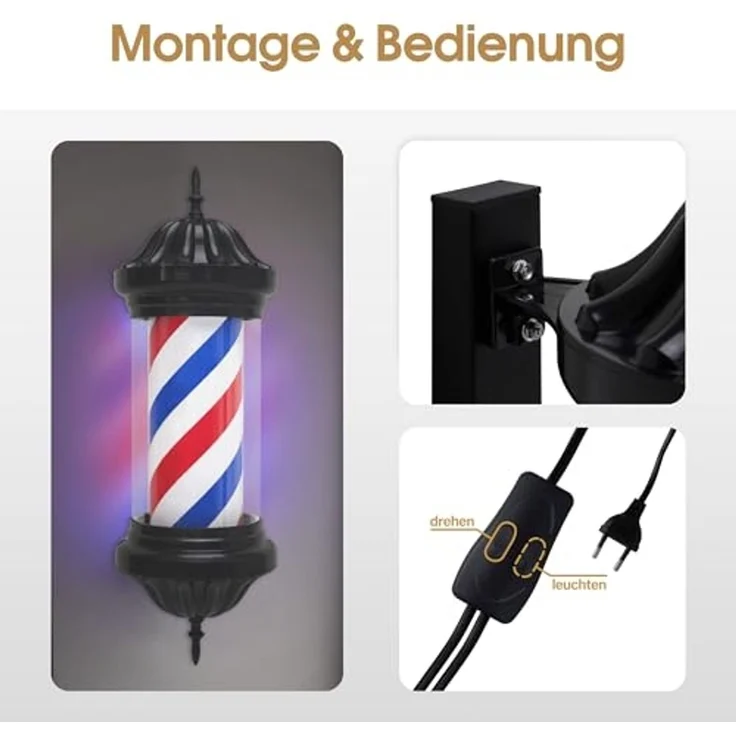BarberPub Barber Pole Barbierstab, Barbershop Friseurstange mit LED Leucht Salon Einrichtung, Drehbar Stange Friseursalon, Rot Weiß Blau Salon Säule, 70CM Barbier Stange Licht, Energie Sparen L054BC – Bild 6