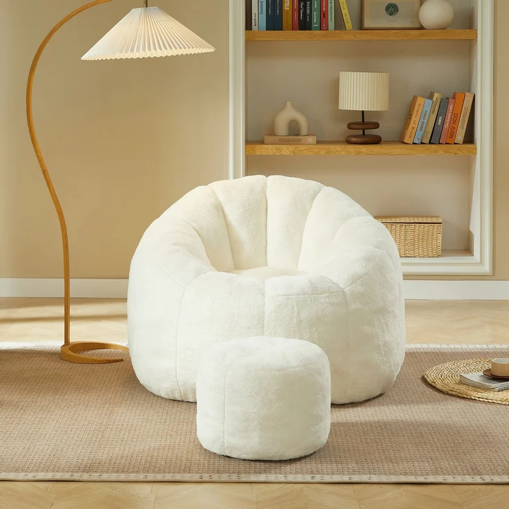 Sitzsack 105x105x70 cm, 1-teilig mit Fußhocker, Blütenform, cremeweiß – Bild 2
