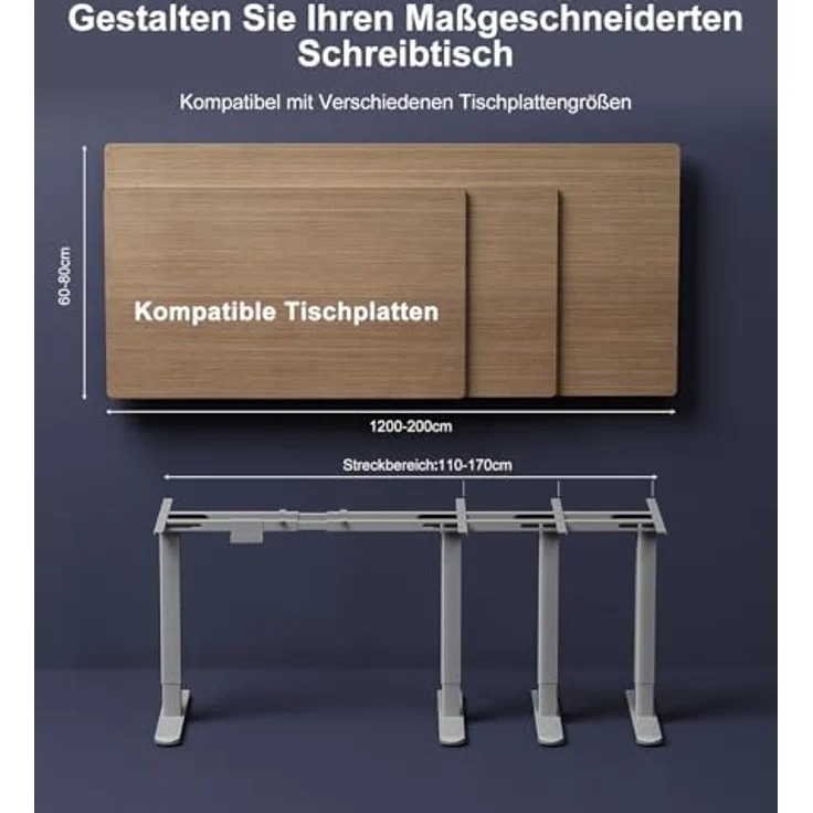 JUMMICO Höhenverstellbarer Schreibtisch Gestell mit 2 Starken Motoren, Type-C Aufladen und Kabelmanagement & Räder, 130kg Tragkraft, 4 Höhenspeicher, Elektrisch Tischgestell Höhenverstellbar, Grey – Bild 3