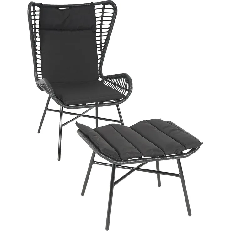Poly-Rattan Set HWC-G17b, Balkon-Set Gartengarnitur Sitzgruppe Stuhl+Hocker Sessel, Seil ~ anthrazit, Kissen anthrazit