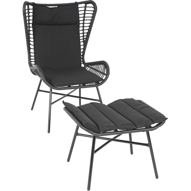 Poly-Rattan Set HWC-G17b, Balkon-Set Gartengarnitur Sitzgruppe Stuhl+Hocker Sessel, Seil ~ anthrazit, Kissen anthrazit – Bild 1