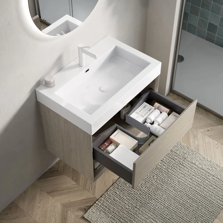 Badmöbel-Set, H 60 x T 70 x B 46 cm, mit Resin-Waschbecken und Schrank in heller Eichenoptik – Bild 2