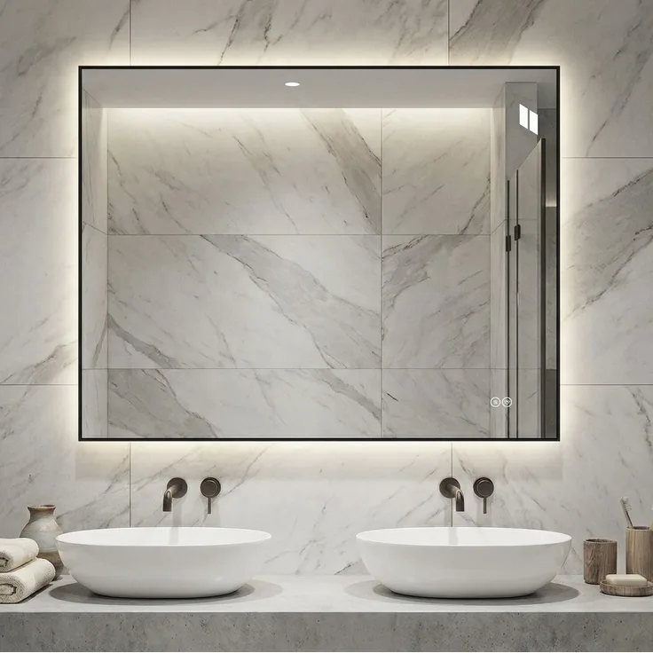 LED-Badezimmerspiegel 70x90 cm, hinterleuchtet, dimmbar, Silber