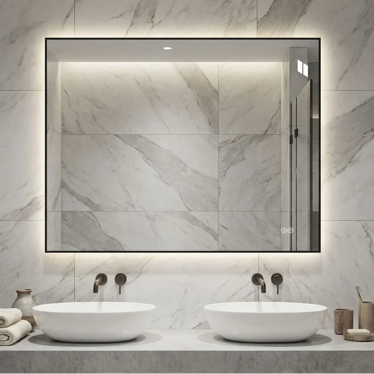 LED-Badezimmerspiegel 70x90 cm, hinterleuchtet, dimmbar, Silber – Bild 1