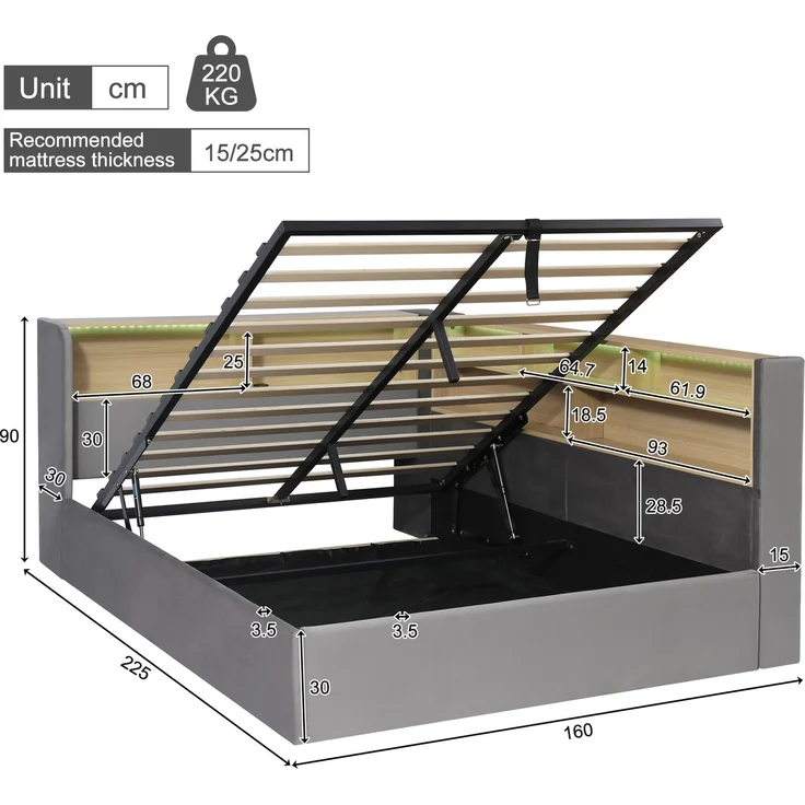 Daybett 140x200 cm mit hydraulischem Stauraum, Polsterbett, Tagesbett, Schlafsofa mit LED, USB & Rückenlehne, Samt, grau – Bild 7