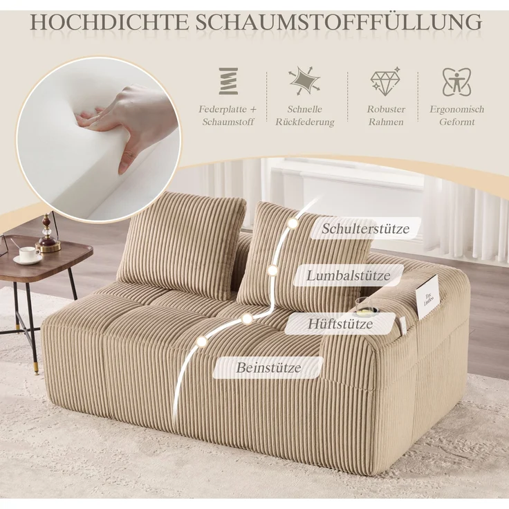 2-Sitzer Sofa, Cord mit Seitenfächern & Becherhaltern, 158x93x61 cm, Khaki – Bild 7