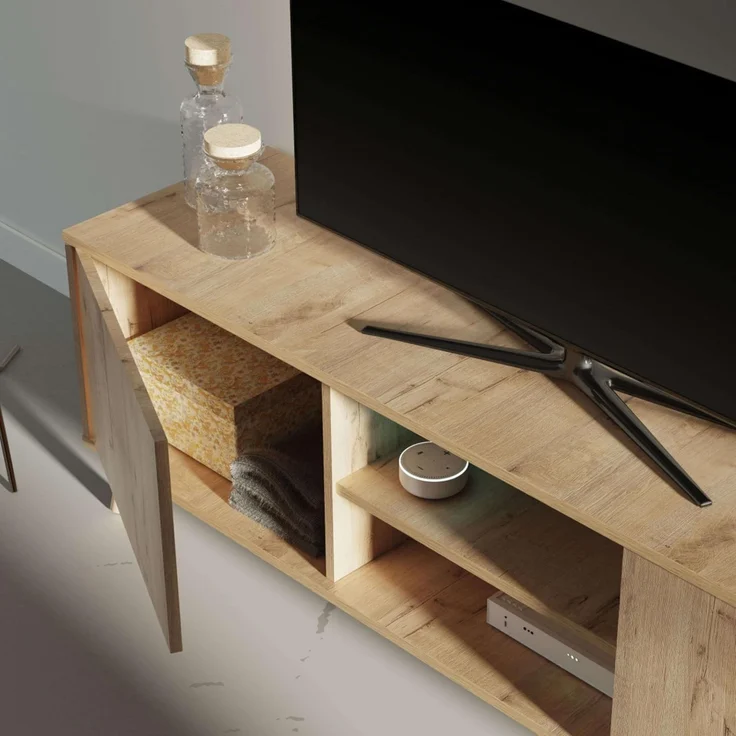 Muebles Pitarch | TV-Schrank mit Beinen, 2 Türen und Regal, industrieller Fernsehschrank, Eiche Gold, 55 x 160 x 40 cm, Wohnzimmermodul, Modern, Modell Oslo – Bild 4