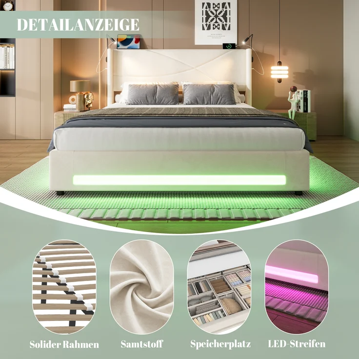 LVHOM Boxbett 140x200cm, Bettgestell mit integrierter Beleuchtung & Stauraum, USB/Typ-C-Ports, XXL-Hydraulik-Storage, platzsparend & Smart-Home-Anschlüssen – Bild 6